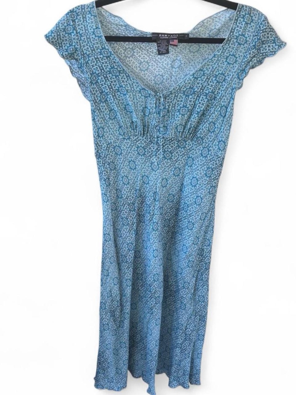 Vintage Y2K Rampage  blue geo print midi dress cap sleeves empire waist size 7